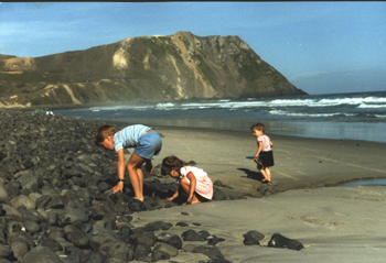 Playing on the baech with Blackhead Dunedin in the background