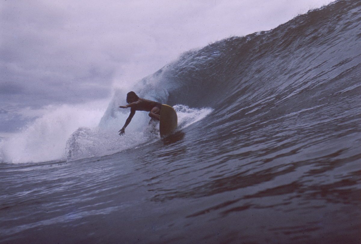 Hawaiian surfer Jimmy Lucus surfing Bobos break in 1974. 
